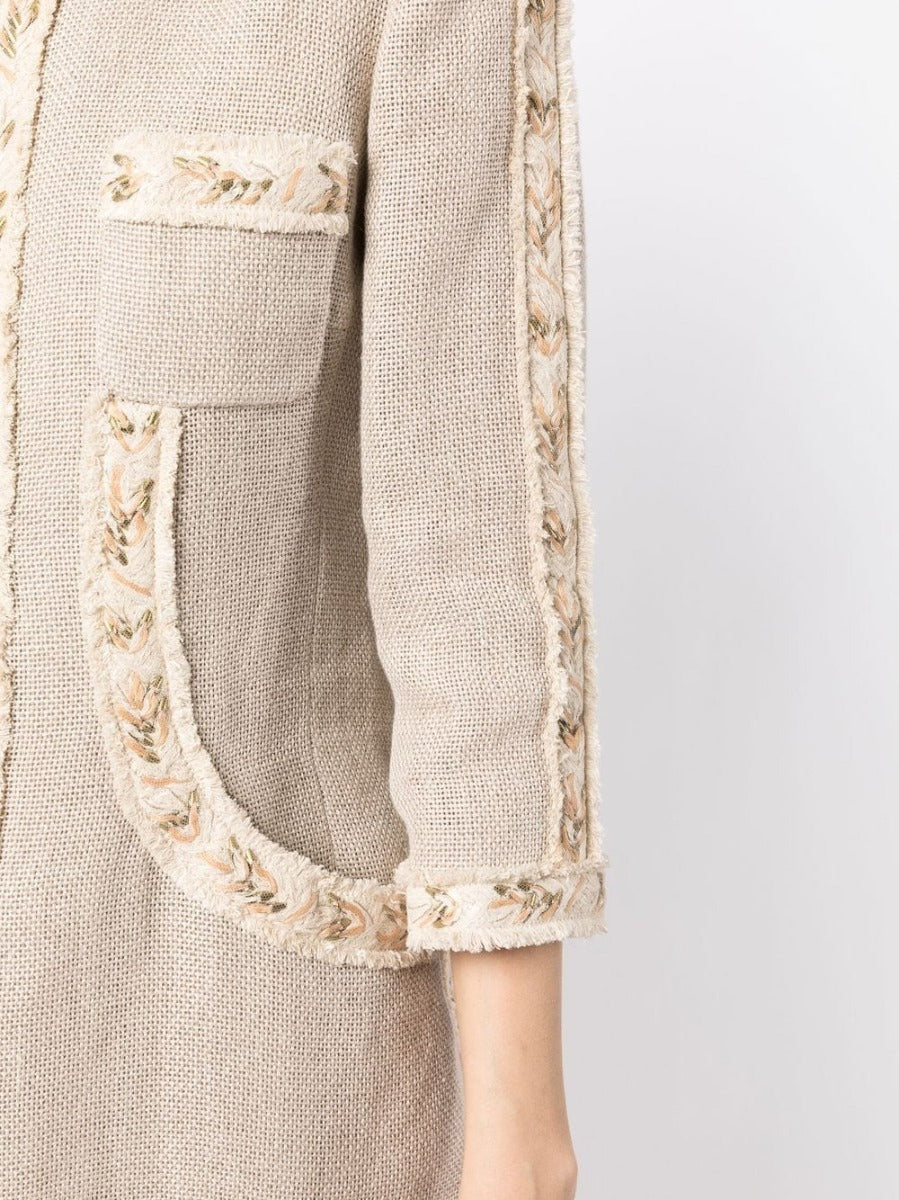 Beige Collarless Linen Coat