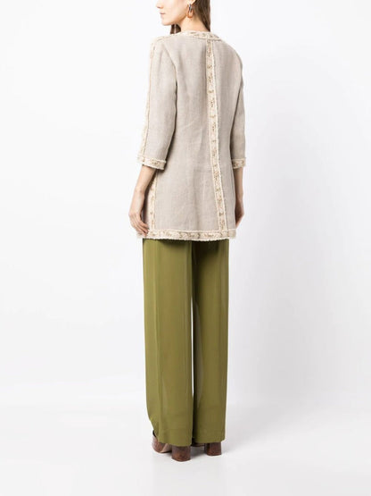 Beige Collarless Linen Coat
