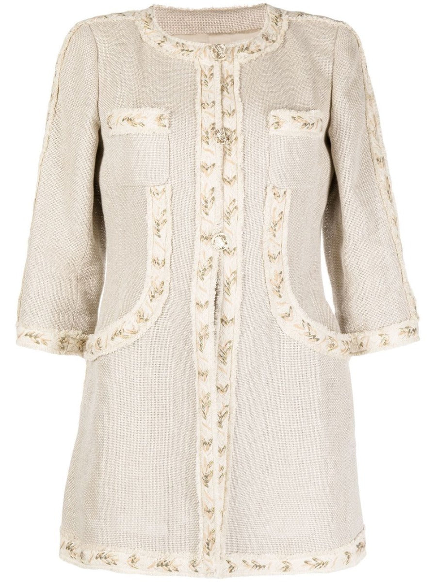 Beige Collarless Linen Coat