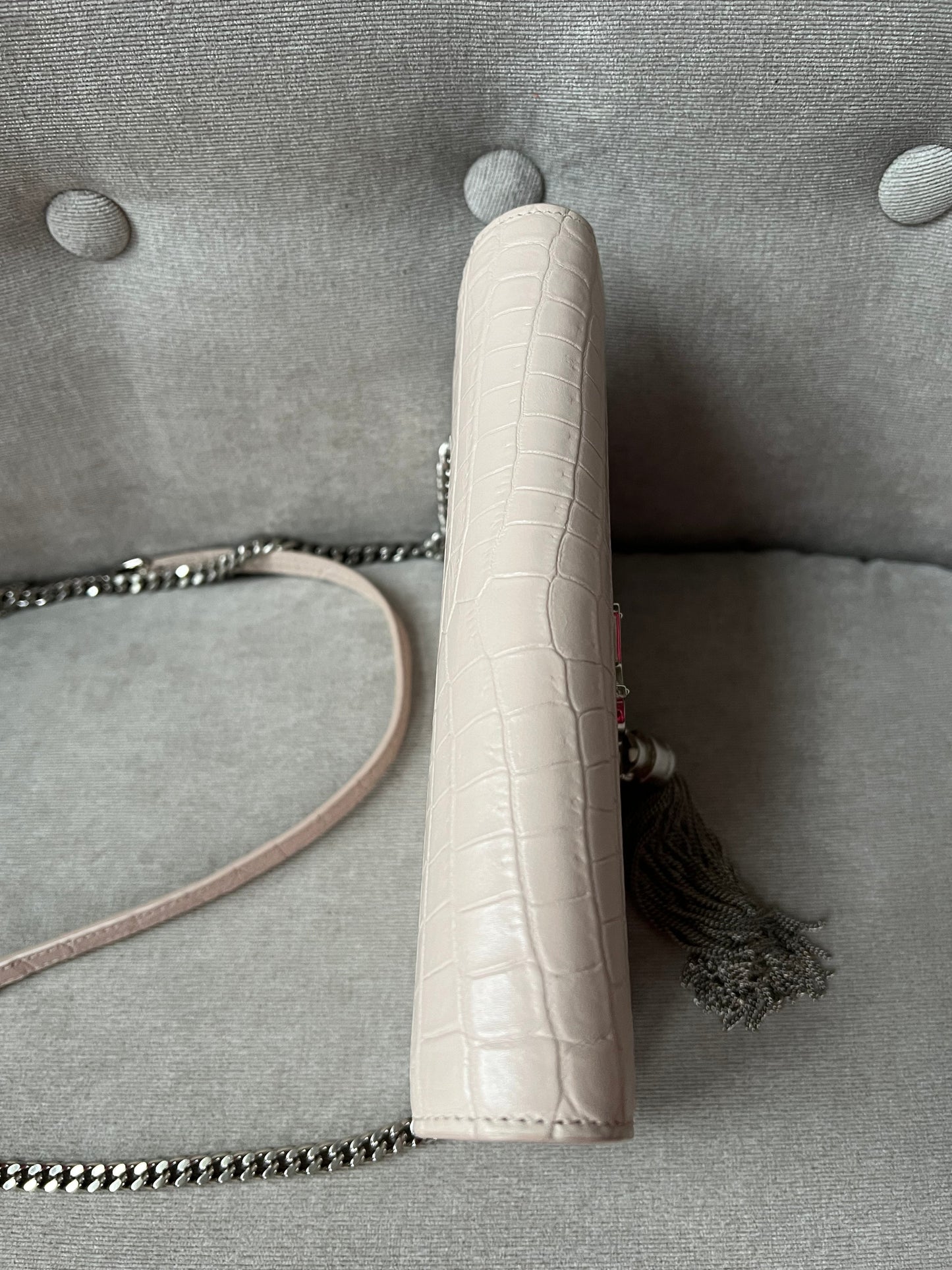 Yves Saint Laurent (YSL) Pale Pink Croc Kate Chain Wallet Silver Hardware