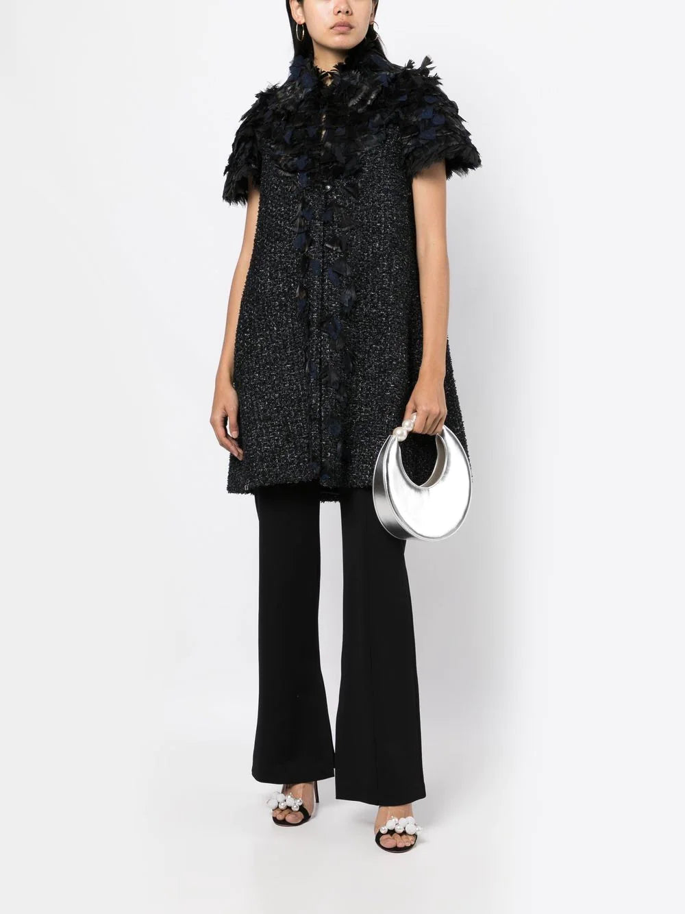 Feather-Embellished Tweed Coat