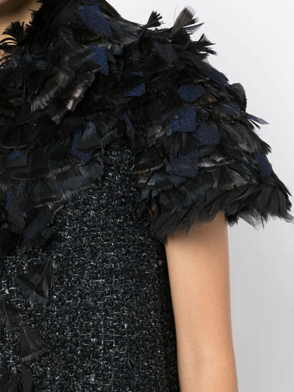 Feather-Embellished Tweed Coat