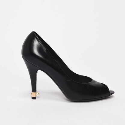 Chanel Black Lambskin Pearl Detail Peep Toe Pumps 37.5