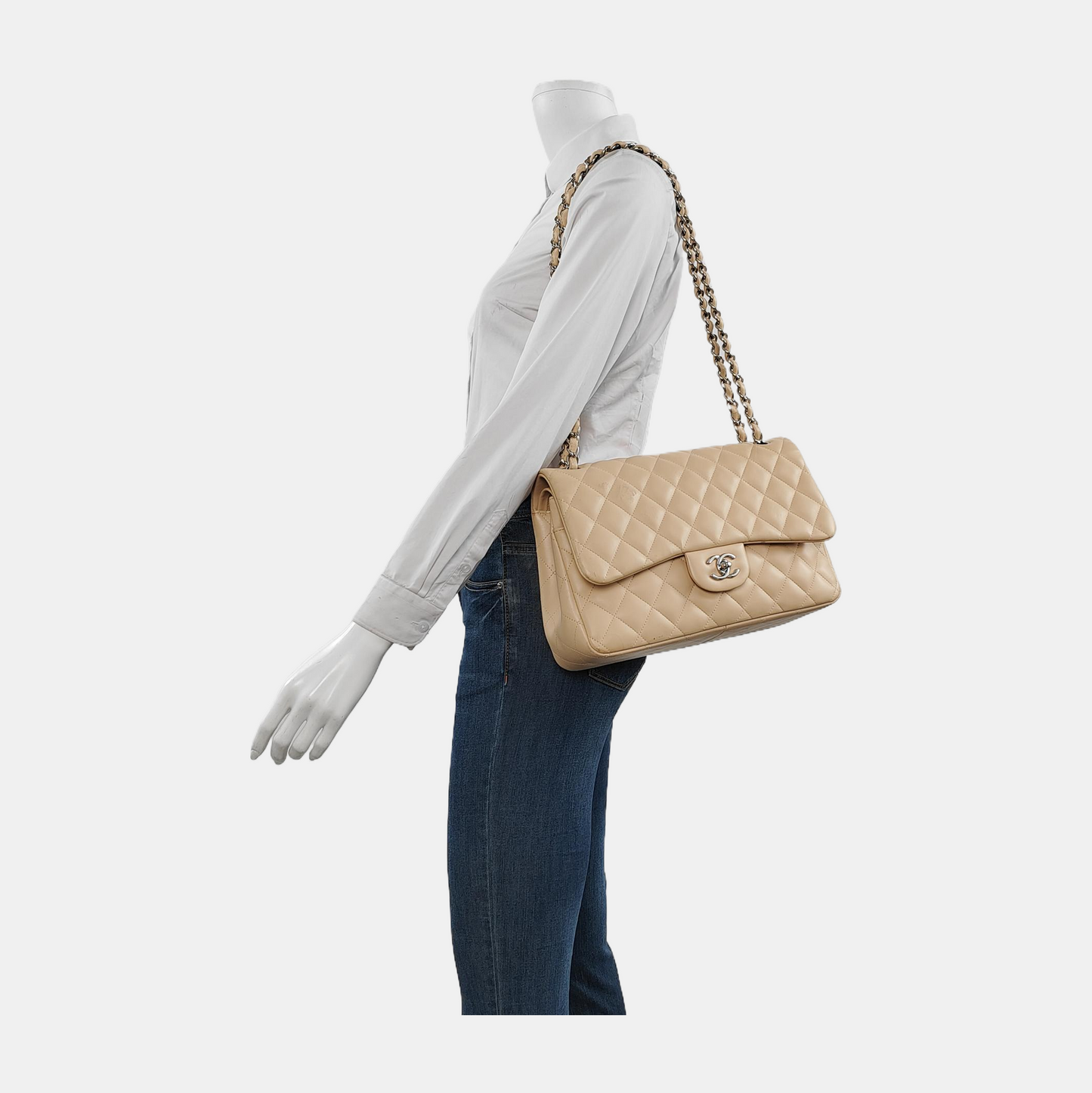 Chanel Classic Flap Jumbo Beige Lambskin Leather Single Flap with Silver Hardware