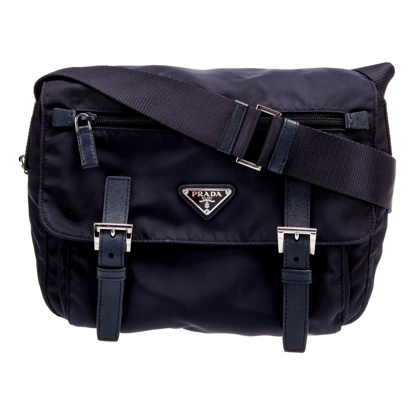 Prada Navy Blue Nylon and Saffiano Messenger Bag with Buckles