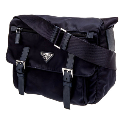 Prada Navy Blue Nylon and Saffiano Messenger Bag with Buckles