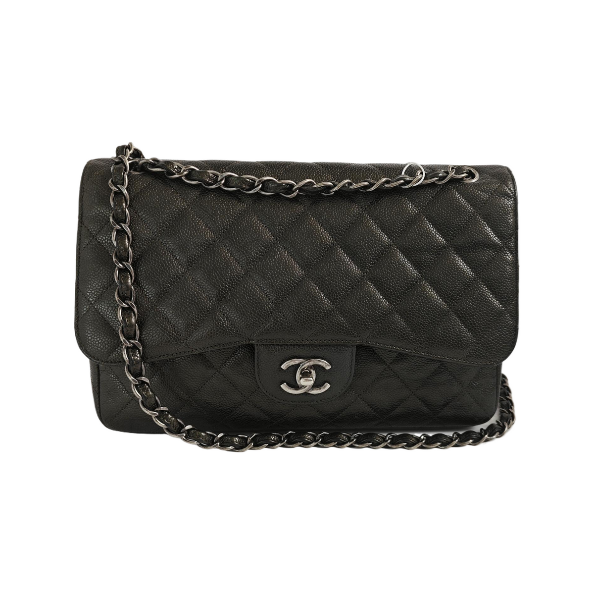 Chanel Classic Flap Jumbo Dark Green Caviar Leather Double Flap Silver Hardware