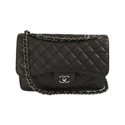 Chanel Classic Flap Jumbo Dark Green Caviar Leather Double Flap Silver Hardware