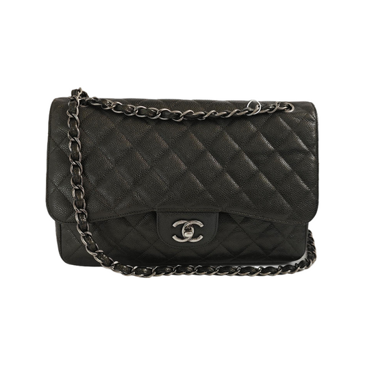 Chanel Classic Flap Jumbo Dark Green Caviar Leather Double Flap Silver Hardware