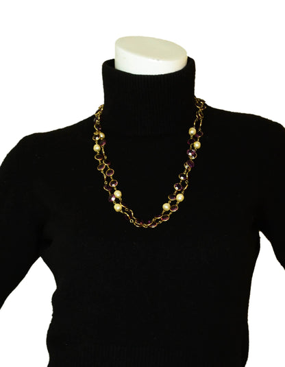 Chanel 1981 Faux Pearl & Purple Crystal Sautoir 54" Necklace