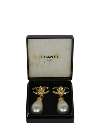Chanel Vintage Crystal CC & Pearl Hanging Clip Earrings