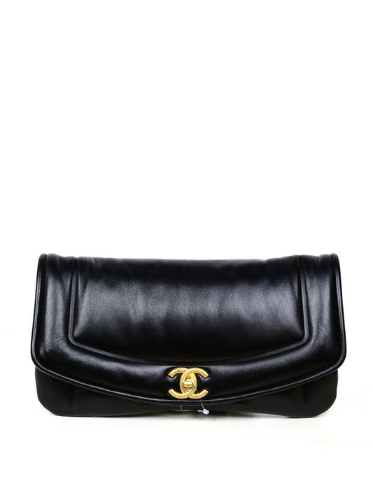 Chanel 2019 NWT Black Shiny Lambskin Vintage Puffy Clutch Bag
