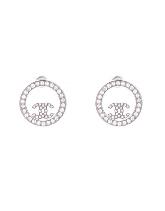 Chanel Silver Crystal Round CC Pierced Earrings