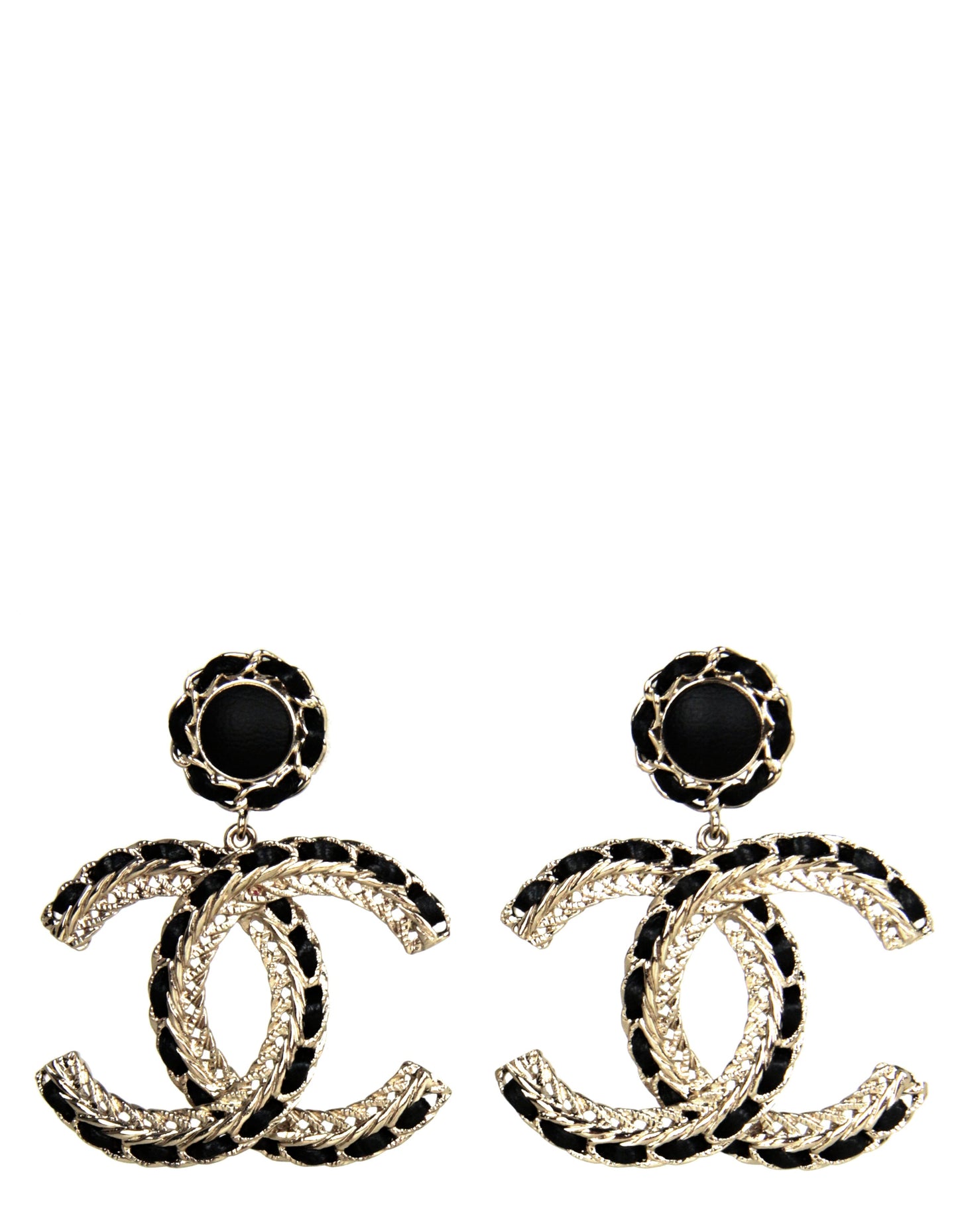 Chanel 2022 Gold/Black Leather Large hanging CC Earrings
