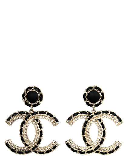 Chanel 2022 Gold/Black Leather Large hanging CC Earrings