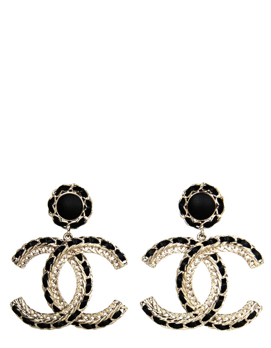 Chanel 2022 Gold/Black Leather Large hanging CC Earrings