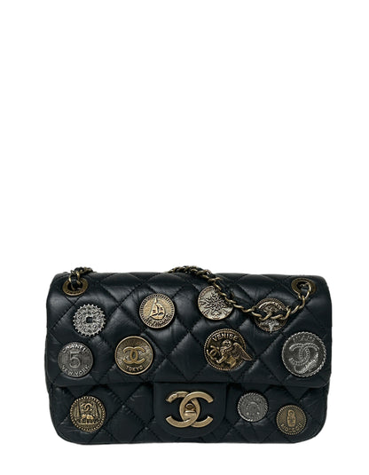 Chanel Black Calfskin Leather Quilted World Coin Charm Flap Bag
