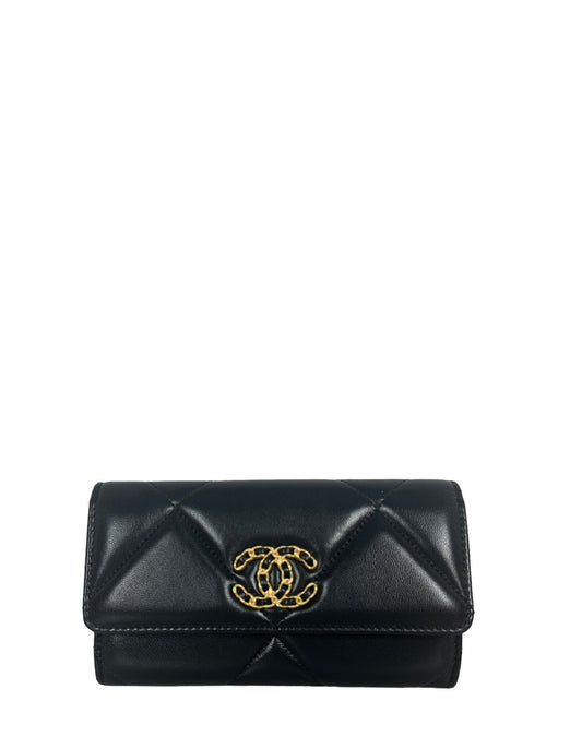 Chanel '23 NEW Black Lambskin Leather Quilted Chanel 19 Flap Wallet