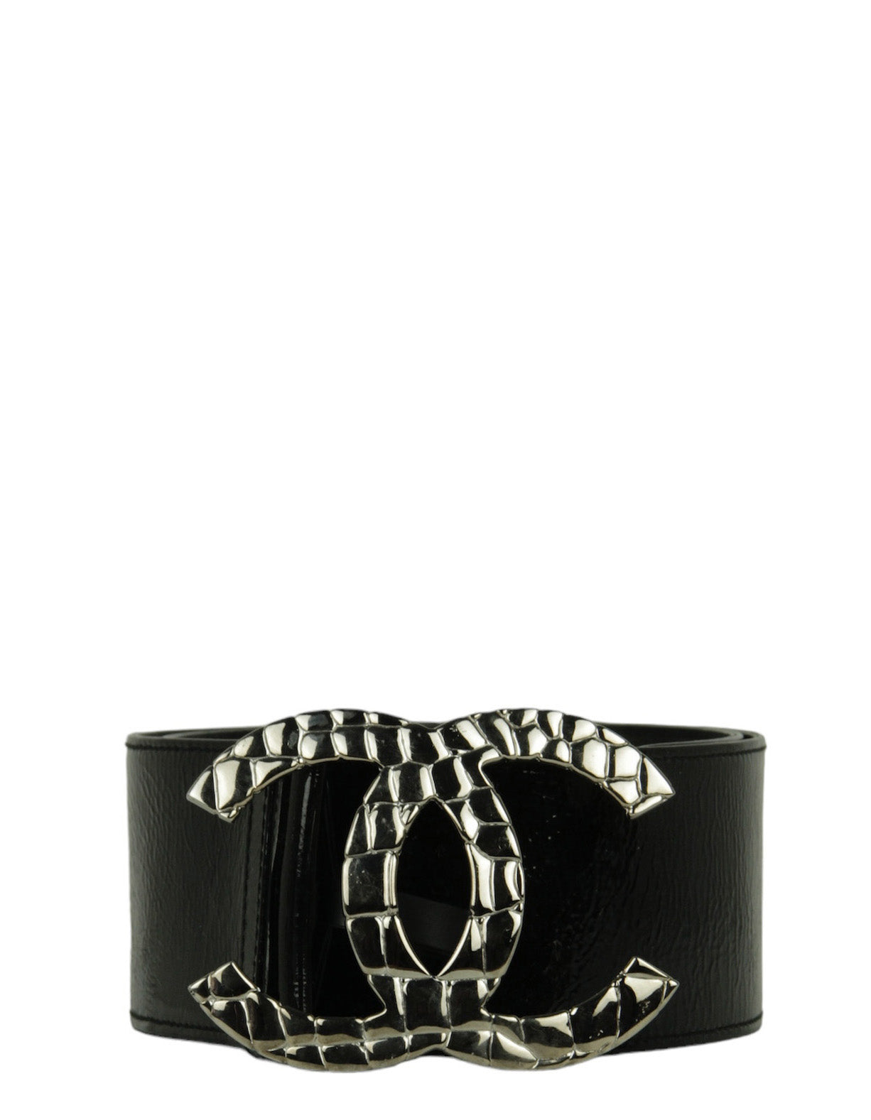 Chanel Black Patent Leather Quilted CC Logo Wide Belt sz 80/32"