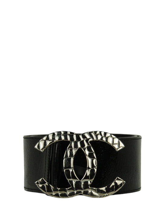 Chanel Black Patent Leather Quilted CC Logo Wide Belt sz 80/32"