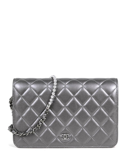 Chanel Silver Lambskin Pearl Wallet On Chain WOC Crossbody Bag