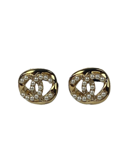Chanel Metal Pearl CC Pierced Earrings