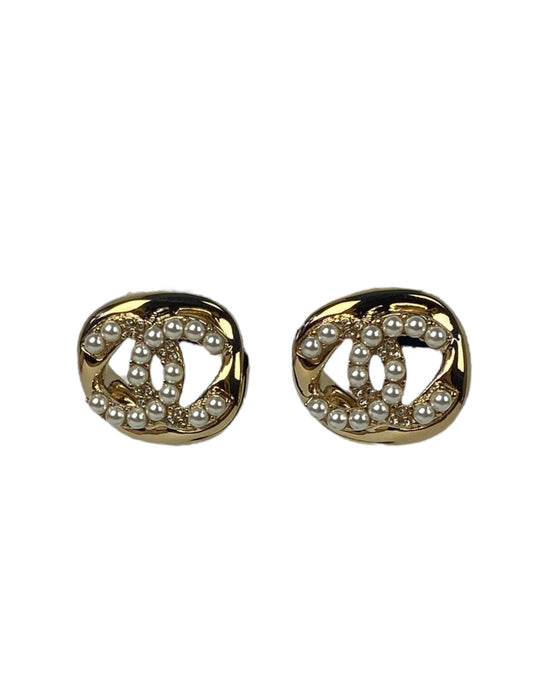 Chanel Metal Pearl CC Pierced Earrings