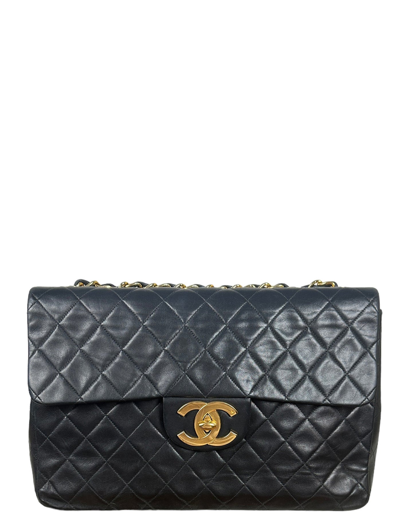 Chanel Vintage 1990s Black Lambskin Leather XL Jumbo Flap Bag