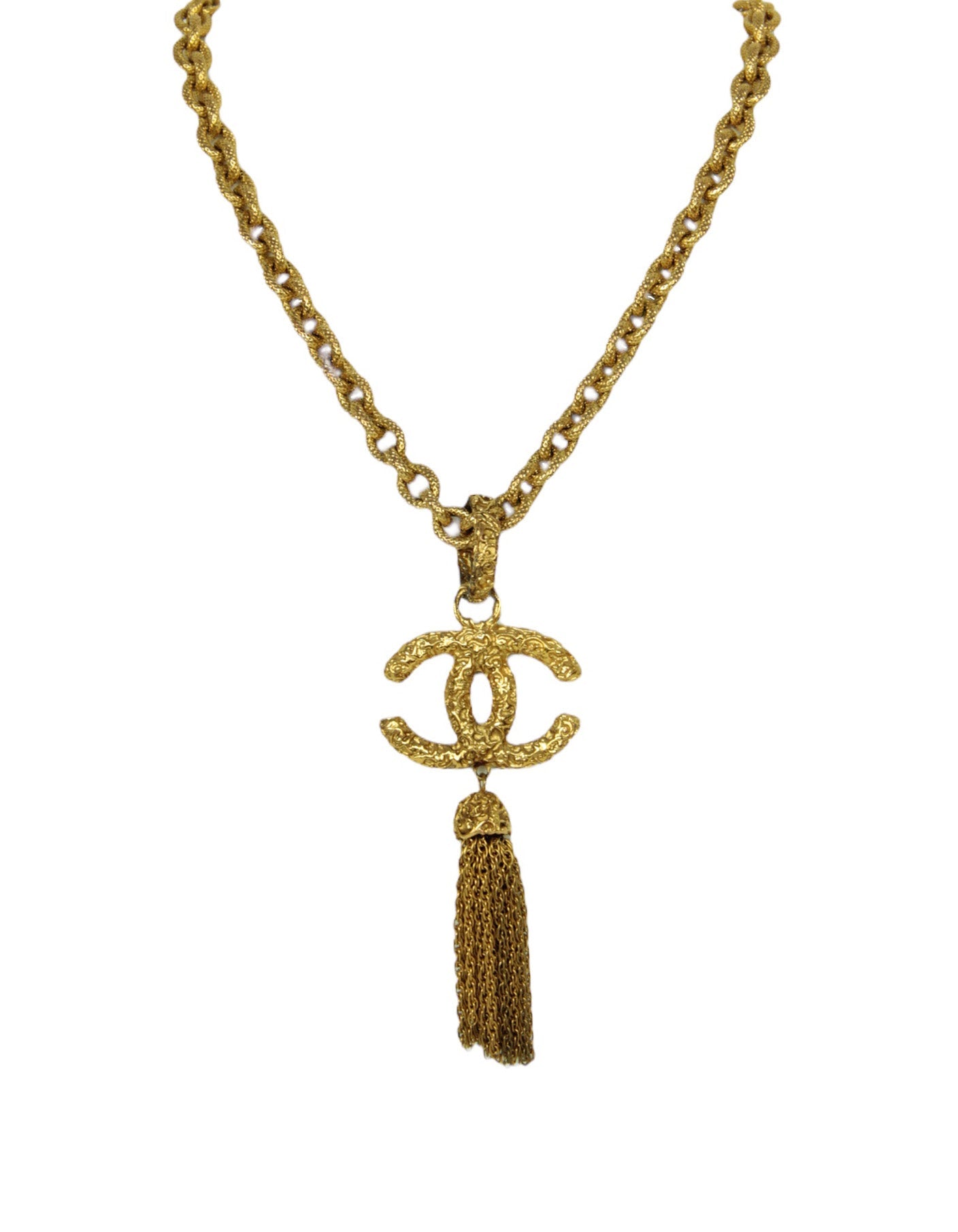 Chanel '90s Gold Vintage Textured CC Tassel Necklace