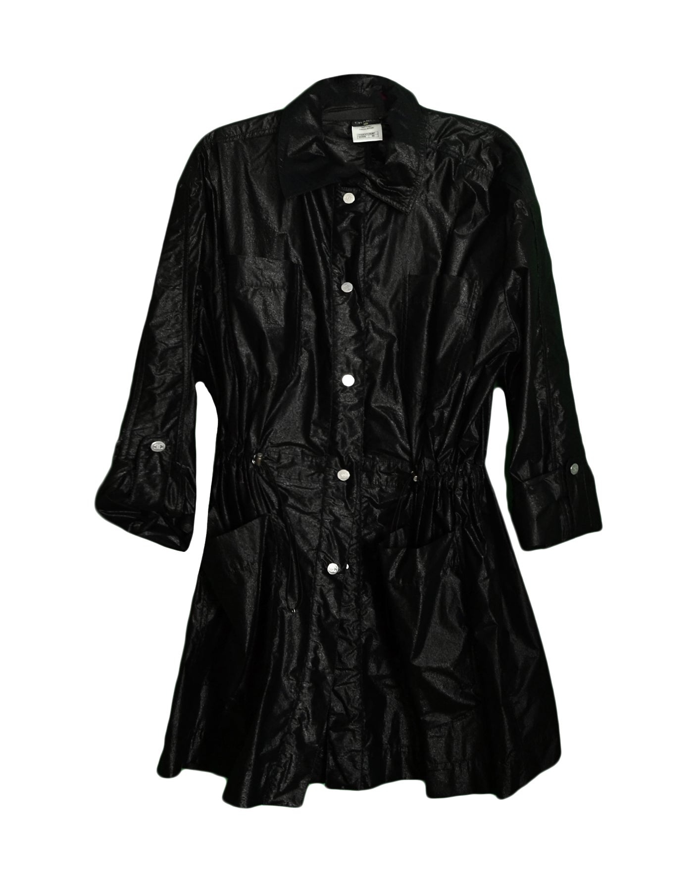 Chanel Black Shiny Snap Jacket with Elastic Cinched Waist sz FR40