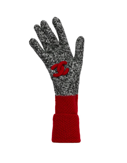 Chanel Black & White Cashmere w/ Red Trim Knit Gloves with Puffy CC Detail sz S/M