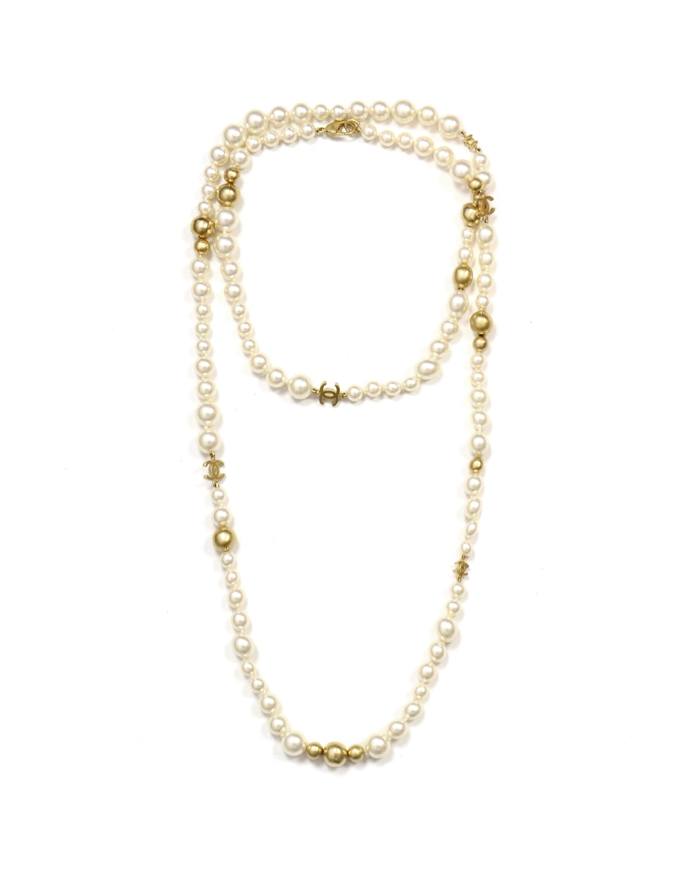 Chanel '07 Ivory/Gold Faux Pearl and Gold Bead CC 36.5" Necklace
