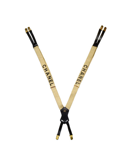 Chanel Vintage Beige & Black Logo Suspenders