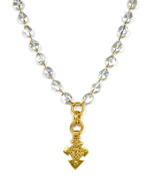 Chanel Vintage Clear Bead Necklace w/ Goldtone CC Pendant