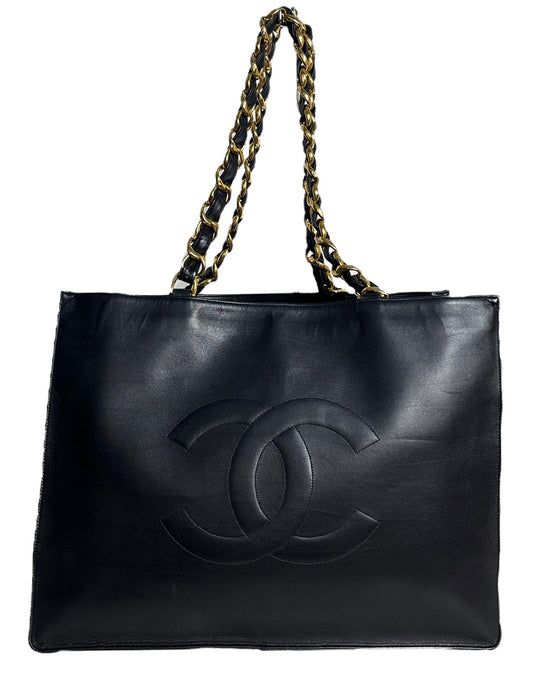 Chanel Vintage Black Leather CC Logo Tote