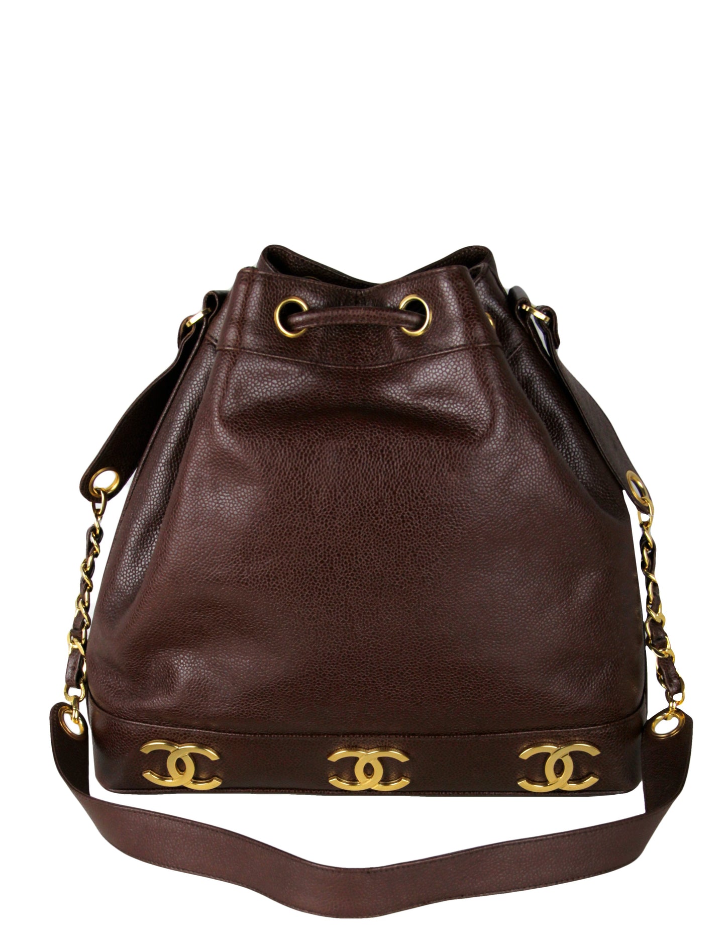 Chanel Brown Vintage Logo Caviar Leather Bucket Bag