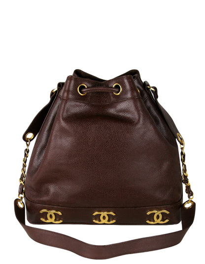 Chanel Brown Vintage Logo Caviar Leather Bucket Bag