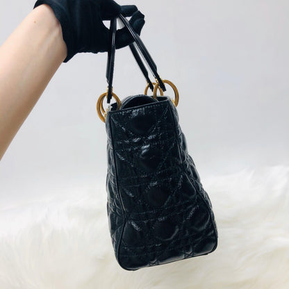 Lady Dior Bag Cannage Lambskin Leather Medium Black with Embellished Strap