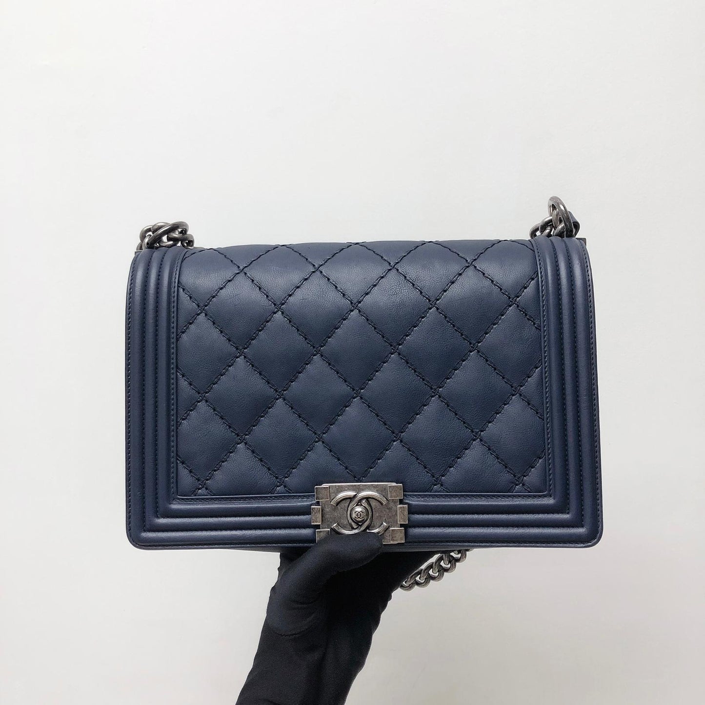New Medium Blue Le Stitch Boy Quilted Calfskin Leather with RHW