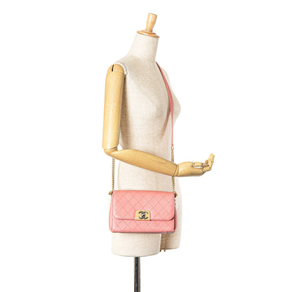 Pink Chanel Quilted Calfskin Straight Lined Flap Crossbody Bag