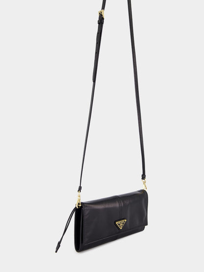 Black Leather Wallet with Shoulder Strap