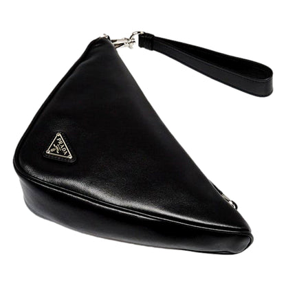 Prada Grace Black Leather Triangle Clutch Embossed Logo