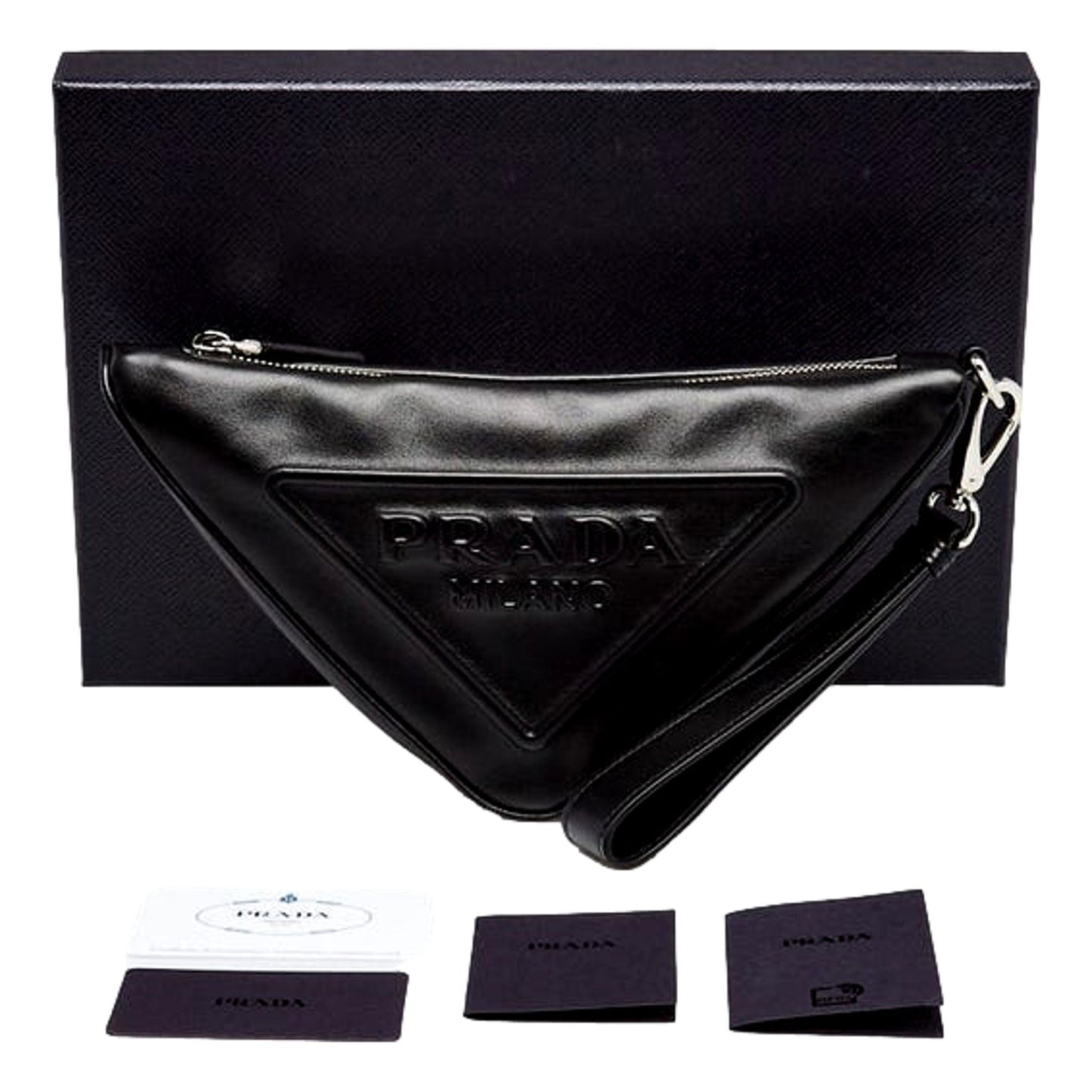 Prada Grace Black Leather Triangle Clutch Embossed Logo