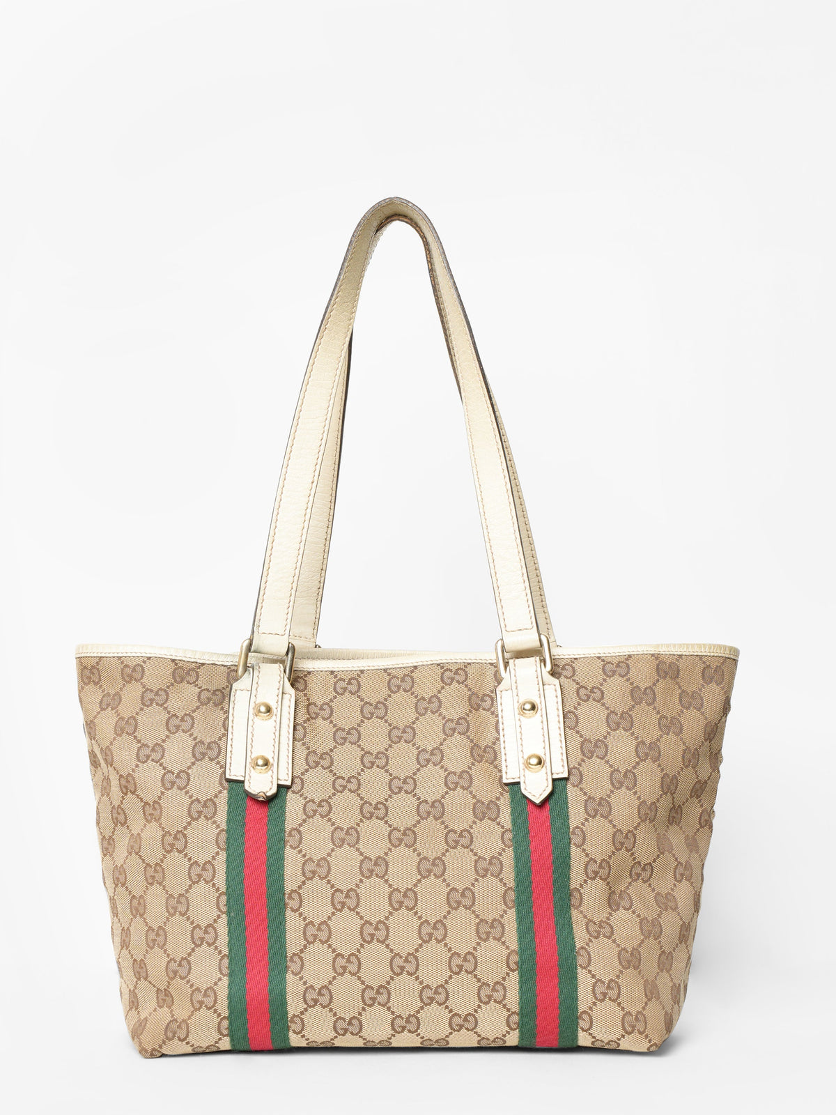 Gucci Jolicoeur Striped Charm Beige GG Canvas Tote Bag
