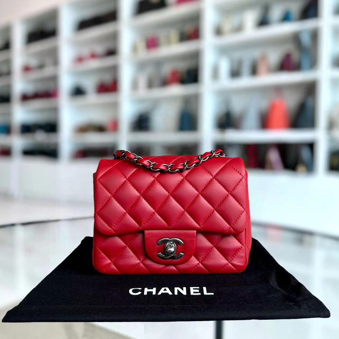 Mini Square Classic Flap Quilted Lambskin Red RSHW No 20