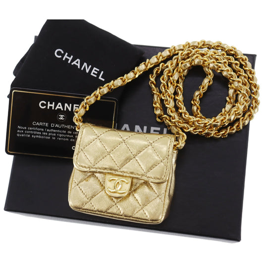 CHANEL Mini Matelasse  Shoulder Bag Gold Lambskin Leather #CU68