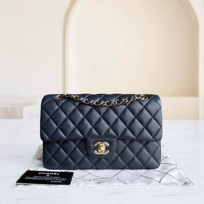 Chanel Classic Flap Small - Caviar Quilted Grained Calfskin Dark Midnight Blue Gold Hardware Series 26