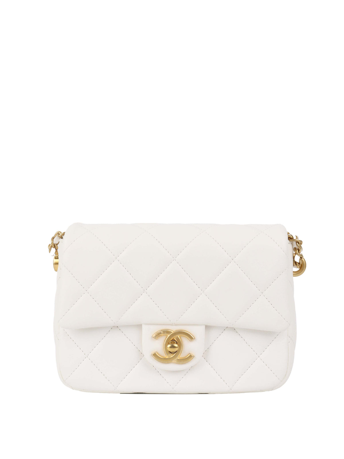 Chanel White and Pearl Chain Flap Bag.