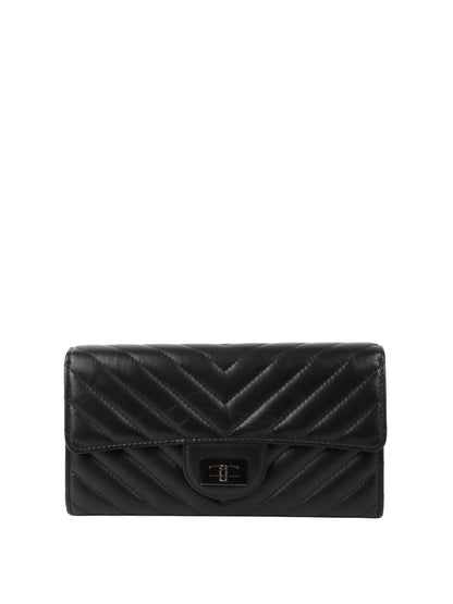Chanel All Black Chevron 2.55 Large Wallet.