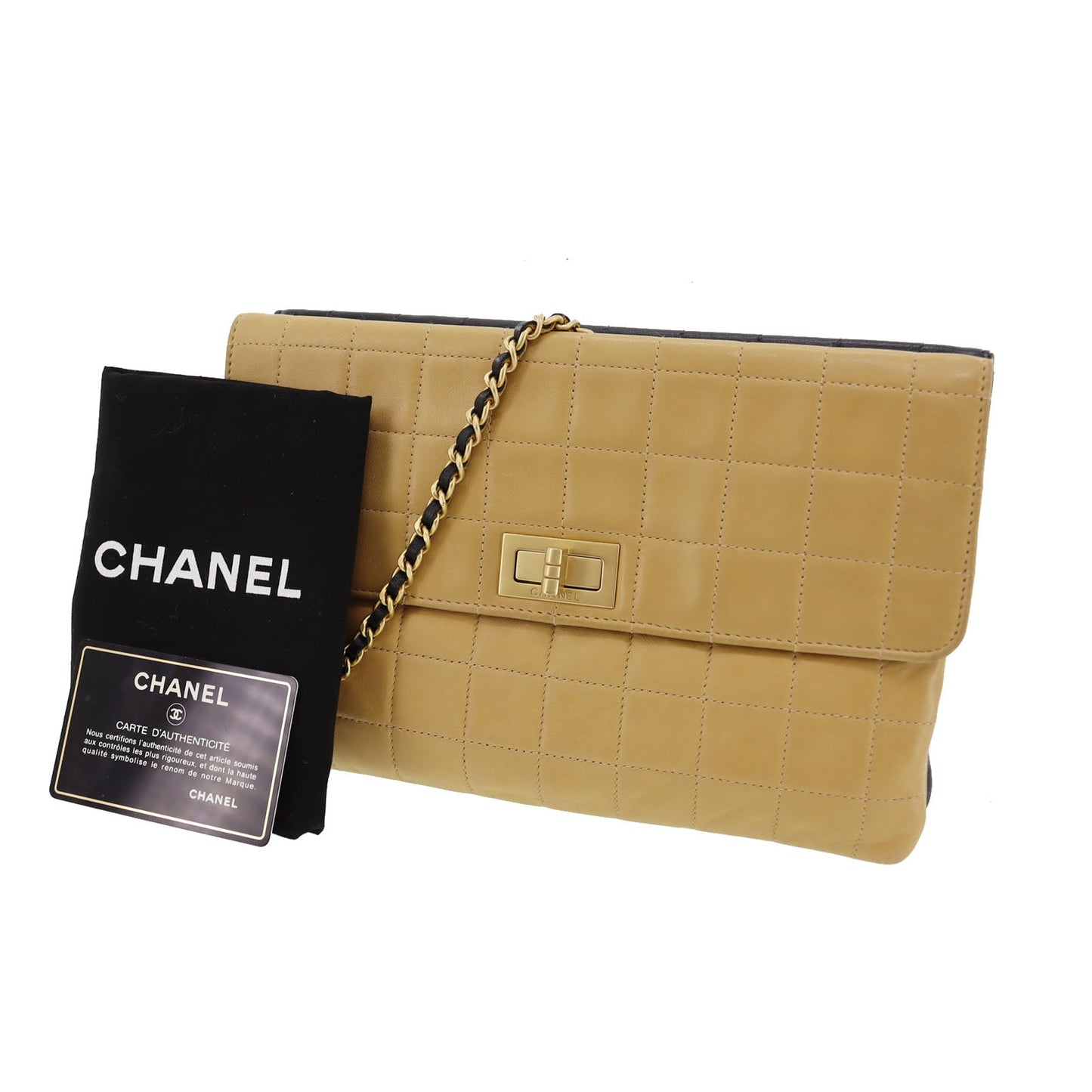 CHANEL Chocolate Bar  Handbag Beige Black Leather Vintage #AH448 S
